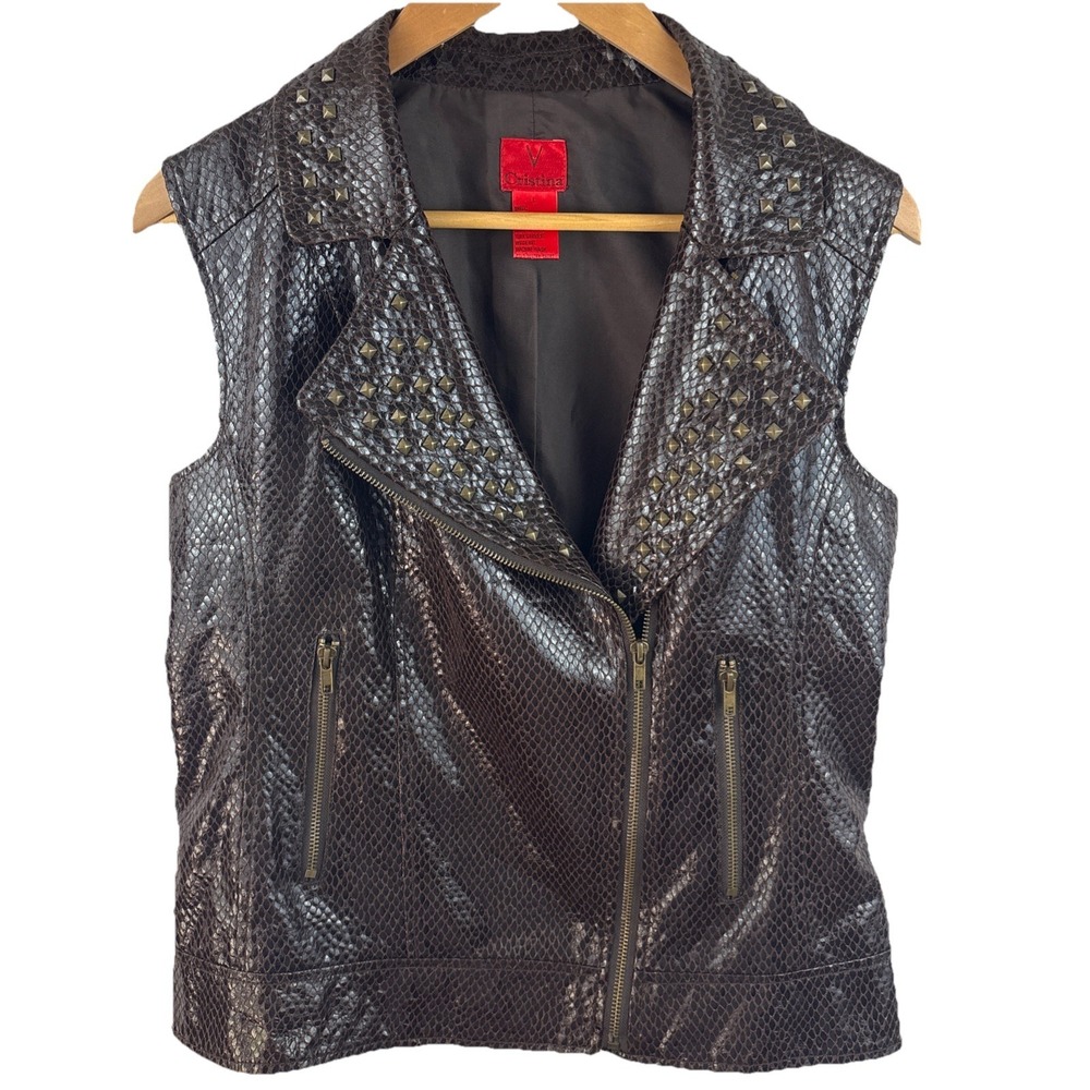 V Cristina Faux Snakeskin Studded Vest Sz L Moto Biker Rocker Streetwear Brown